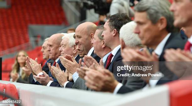 Chris Lawler, Phil Neal, Ian Callaghan, Steven Gerrard, Gary Mcallister and Ronnie Whelan during the Kenny Dalglish Stand unveiling on October 13,...