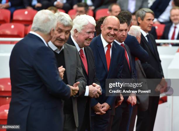 Terry Mcdermott, Chris Lawler, Phil Neal and Robbie Fowler during the Kenny Dalglish Stand unveiling on October 13, 2017 in Liverpool, United Kingdom.
