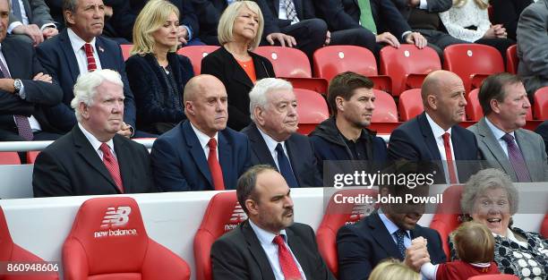 Chris Lawler, Phil Neal, Ian Callaghan, Steven Gerrard, Gary Mcallister and Ronnie Whelan during the Kenny Dalglish Stand unveiling on October 13,...