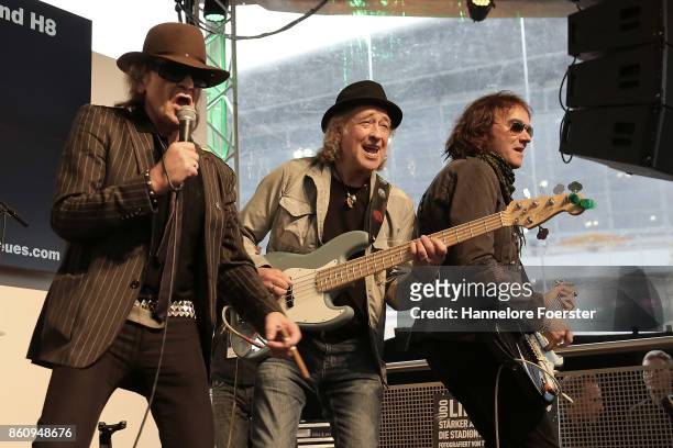Singer Udo Lindenberg and band on stage after the presentation of a book about his life at the 2017 Frankfurt Book Fair on October 13, 2017 in...