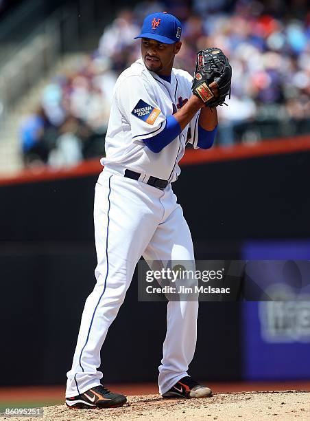 Johan Santana of the New York Mets pitches against the Milwaukee Brewers on April 18, 2009 at Citi Field in the Flushing neighborhood of the Queens...