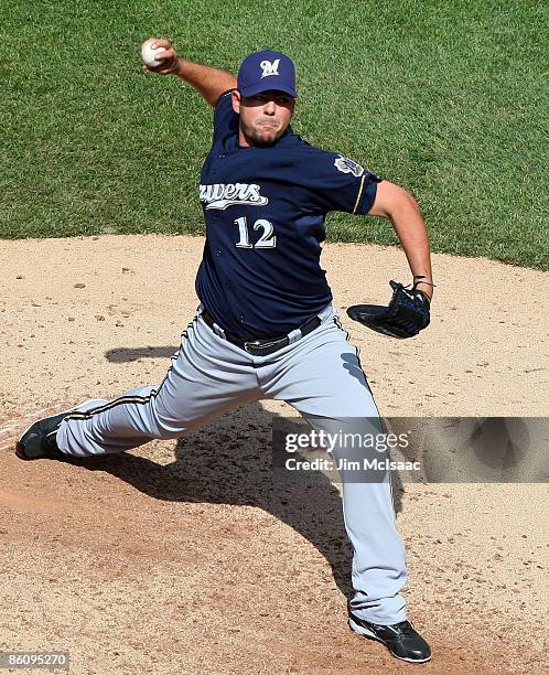 Carlos Villanueva of the Milwaukee Brewers deals a pitch against the New York Mets on April 18, 2009 at Citi Field in the Flushing neighborhood of...