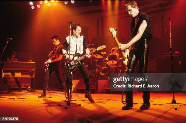 Photo of CLASH, L-R: Mick Jones, Joe Strummer, Paul Simonon performing live onstage