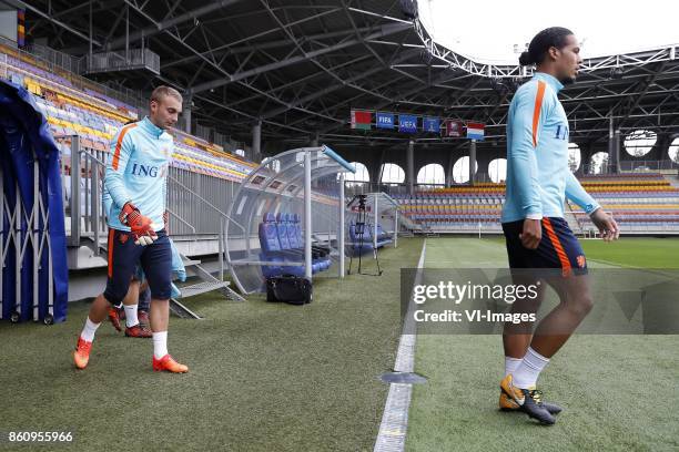Goalkeeper Jasper Cillessen of Holland, Virgil van Dijk of Holland during a training session prior to the FIFA World Cup 2018 qualifying match...