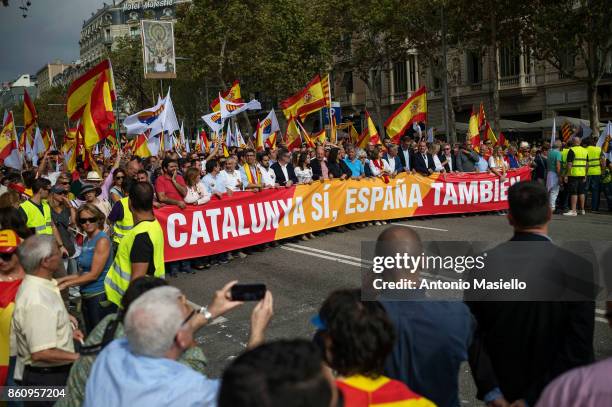 Thousands gather in Barcelona for a Spanish National Day Rally on October 12, 2017 in Barcelona, Spain. Spain marked its National Day with a show of...