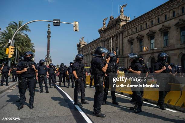 Thousands gather in Barcelona for a Spanish National Day Rally on October 12, 2017 in Barcelona, Spain. Spain marked its National Day with a show of...