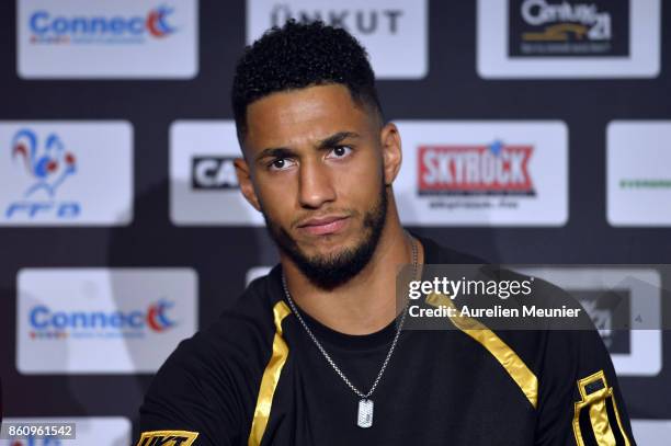 Tony Yoka of France answers journalists during a press conference after the weigh in on October 13, 2017 in Paris, France. Tony Yoka of France will...