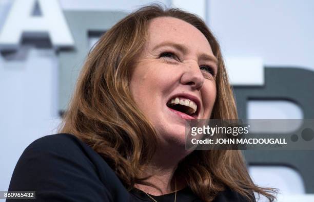 British writer Paula Hawkins gives a talk at the Frankfurt Book Fair on October 13, 2017 in Frankfurt am Main, western Germany. France is this year's...