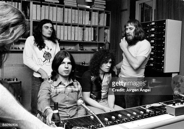 Photo of Mickey FINN and T REX and Marc BOLAN and Tony VISCONTI; L-R: Mickey Finn , Tony Visconti, Marc Bolan, engineer Freddy Hansson, recording T...