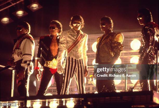Photo of JACKSON FIVE, L-R Tito, Marlon, Michael, Randy and Jermaine Jackson performing on stage - Jackson 5 Victory Tour
