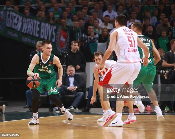 Paulius Valinskas, #66 of Zalgiris Kaunas competes with Milko Bjelica, #51 of Crvena Zvezda mts Belgrade in action during the 2017/2018 Turkish...