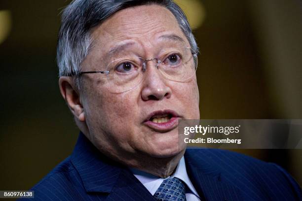 Carlos Dominguez, Philippines' secretary of finance, speaks during a Bloomberg Television interview at the International Monetary Fund and World Bank...