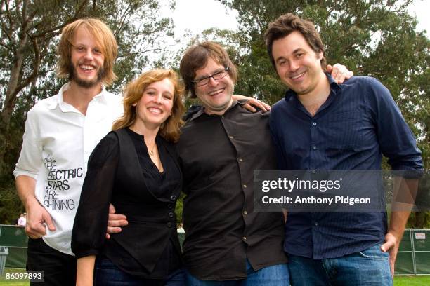 Photo of Tift MERRITT and Zeke HUTCHINS and Jay BROWN and Scott McCALL, Posed group portrait at the Hardly Strictly Bluegrass Festival L-R Zeke...