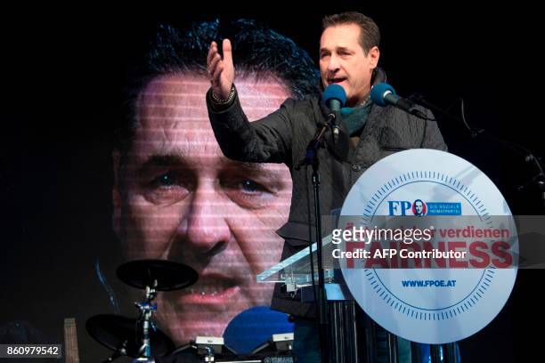 Leader of the right-wing Austrian Freedom Party Heinz-Christian Strache speaks during his final campaigning event ahead of the parliamentary...