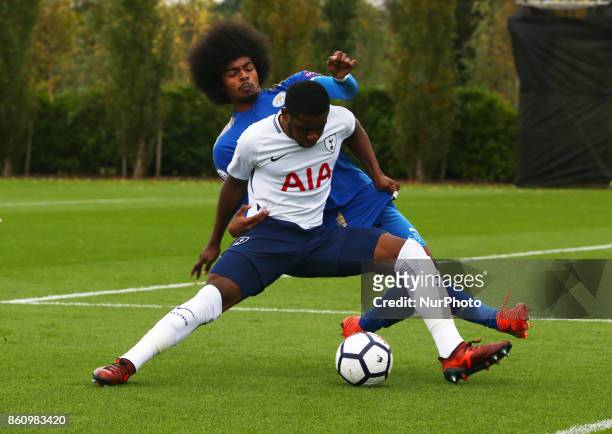 Japhet Tanganga of Tottenham Hotspur Under 23s holds of Hamza Choudhury of Leicester City Under 23s during Premier League 2 Div 1 match between...
