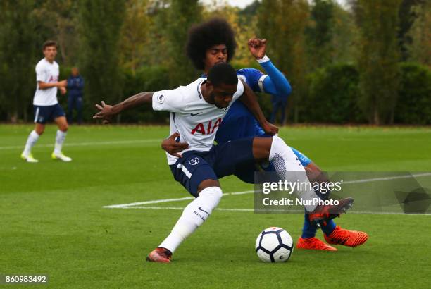 Japhet Tanganga of Tottenham Hotspur Under 23s holds of Hamza Choudhury of Leicester City Under 23s during Premier League 2 Div 1 match between...