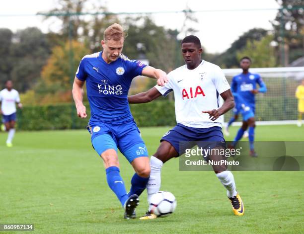 Sam Hughes of Leicester City Under 23s Shilow Tracey of Tottenham Hotsput Under 23s during Premier League 2 Div 1 match between Tottenham Hotspur...
