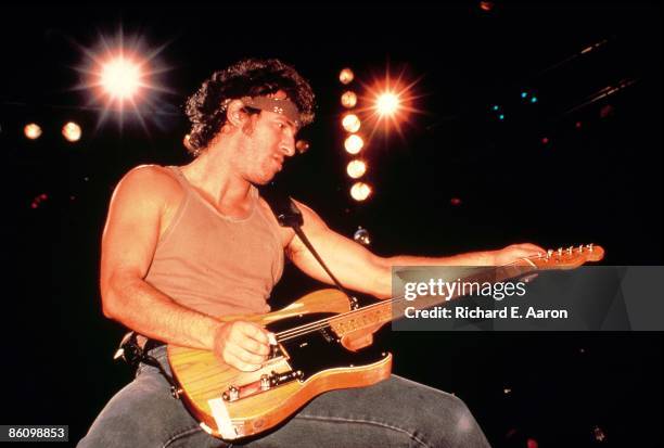 Photo of Bruce SPRINGSTEEN, performing live onstage on Born In The USA tour, playing Fender Telecaster guitar