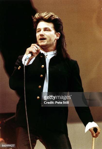 Photo of BONO, of U2, performing live onstage at Live Aid