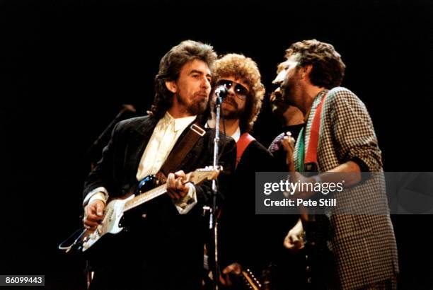 Photo of George HARRISON and Eric CLAPTON and Jeff LYNNE, L-R: George Harrison, Jeff Lynne, Donald 'Duck' Dunn , Eric Clapton, performing live...