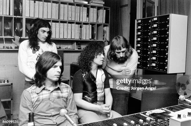 Photo of Marc BOLAN; Marc Bolan / T-Rex at Rosenberg Studios, Copenhagen, where Marc was recording, March 1972., Standing at the back: Mickey Finn....