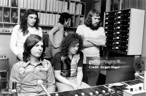 Photo of Marc BOLAN; Marc Bolan / T-Rex at Rosenberg Studios, Copenhagen, where Marc was recording, March 1972., Standing at the back: Mickey Finn...