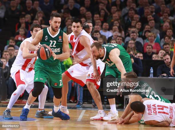 Vasilije Micic, #22 of Zalgiris Kaunas in action during the 2017/2018 Turkish Airlines EuroLeague Regular Season Round 1 game between Zalgiris Kaunas...