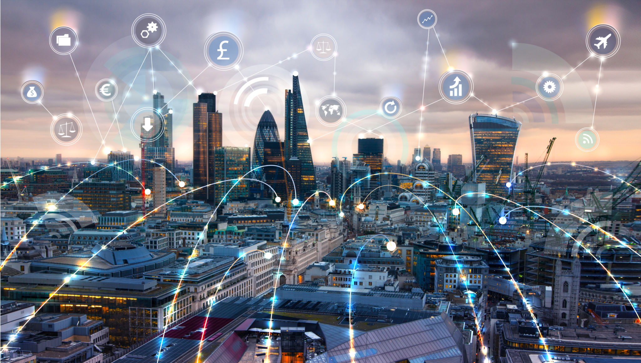 City of London and business network connections concept. Technology, transformation and innovation idea. City of London and business network connections concept. Technology, transformation and innovation idea.