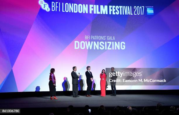 Clare Stewart, Mark Johnson, Alexander Payne, Hong Chau and Christoph Waltz on stage at the UK premiere of "Downsizing", the BFI Patron's Gala,...