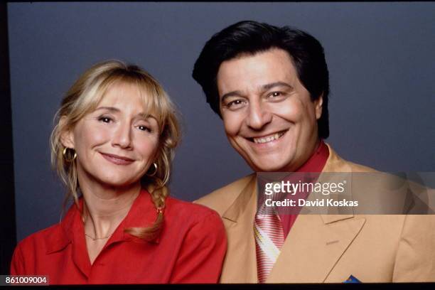 French actors Marie-Anne Chazel and Christian Clavier on the set of La Vengeance d'une Blonde, directed by Jeannot Szwarc.
