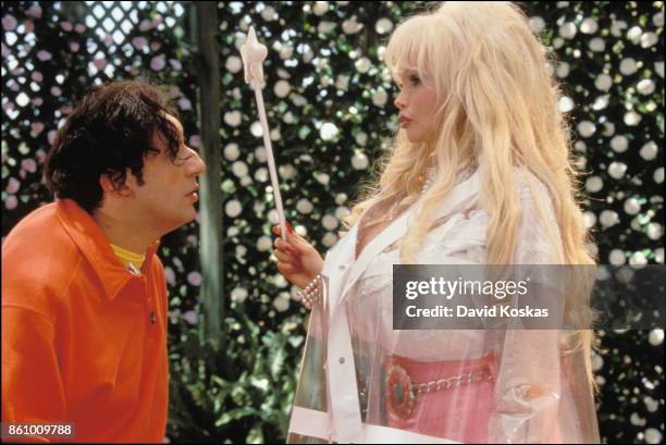 French actress Lolo Ferrari with director and actor Patrick Timsit on the set of his movie Quasimodo d'El Paris, based on the novel Notre Dame de...