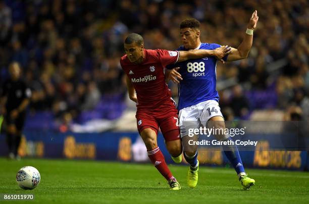 Lee Peltier of Cardiff holds off Che Adams of Birmingham during the Sky Bet Championship match between Birmingham City and Cardiff City at St Andrews...