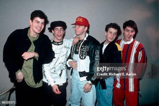 Photo of NEW KIDS ON THE BLOCK and Joey McINTYRE and Donnie WAHLBERG and Jonathan KNIGHT and Jordan KNIGHT and Danny WOOD; Posed group portrait L-R...
