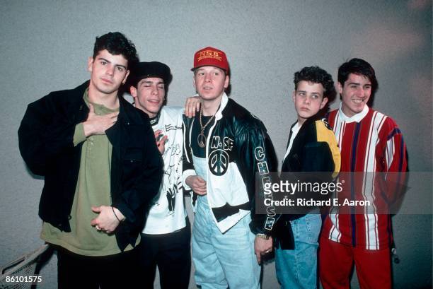 Photo of NEW KIDS ON THE BLOCK and Joey McINTYRE and Donnie WAHLBERG and Jonathan KNIGHT and Jordan KNIGHT and Danny WOOD; Posed group portrait L-R...