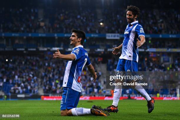 Gerard Moreno of RCD Espanyol celebrates with his team mate Esteban Granero of RCD Espanyol after scoring a disallowed goal during the La Liga match...