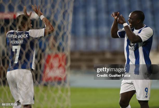 Porto forward Vincent Aboubakar from Cameroon celebrates with teammate FC Porto midfielder Hernani from Portugal after scoring a goal during the...