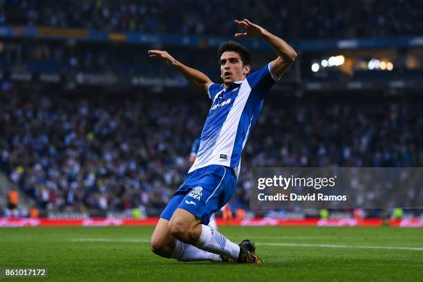 Gerard Moreno of RCD Espanyol celebrates after scoring a disallowed goal during the La Liga match between Espanyol and Levante at Cornella-El Prat...