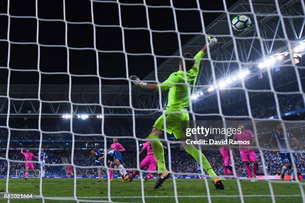 Gerard Moreno of RCD Espanyol scores a disallowed goal during the La Liga match between Espanyol and Levante at Cornella-El Prat stadium on October...