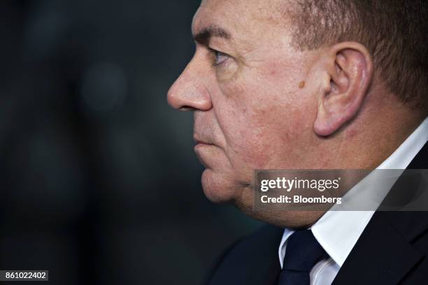 Axel Weber, chairman of UBS Group AG, listens to a question during a Bloomberg Television interview at the International Monetary Fund and World Bank...