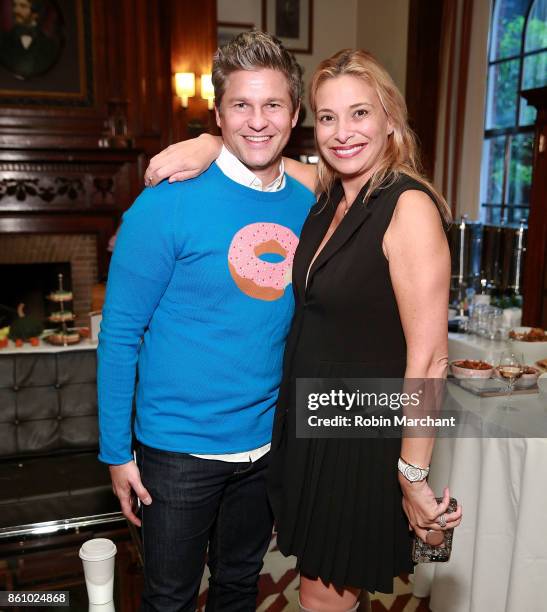 David Burtka and Donatella Arpaia attend SiriusXM's 'Food Talk' hosted Restaurateur Geoffrey Zakarian at The Lambs Club on October 13, 2017 in New...
