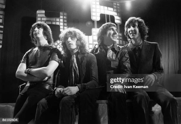 English rock group The Who seated on the set of the BBC Television pop music television show Top Of The Pops at Lime Grove Studios in London on 27th...