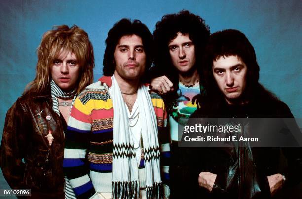 Photo of QUEEN; Posed group portrait - Roger Taylor, Freddie Mercury, Brian May and John Deason