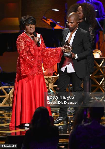 Honoree Shirley Caesar accepts award from Kirk Franklin during the GRAMMY Salute to Music Legends at Beacon Theatre on July 11, 2017 in New York City.