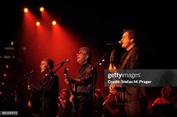Photo of 10CC and Graham GOULDMAN and Mick WILSON and Rick FENN, L-R Rick Fenn, Graham Gouldman and Mick Wilson performing on stage at the Nokia...