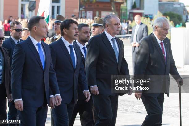 Andrzej Duda of Poland, Janos Ader of Hungary, Andrej Kiska of Slovakia, and Milos Zeman of the Czech Republic arrive for the meeting of heads of...