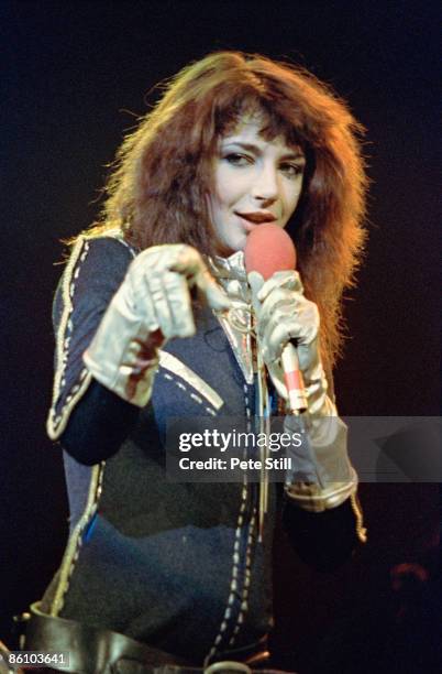 English singer Kate Bush performs on stage at Hammersmith Odeon, London, 12th May 1979.