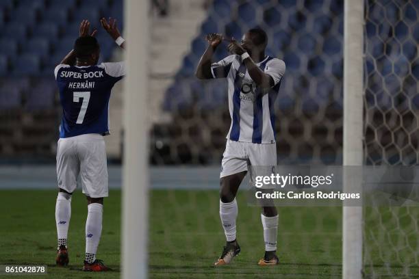 Porto's forward Vincent Aboubakar from Camaroes celebrates scoring Porto second goal with FC Porto's forward Hernani Fortes from Portugal during the...