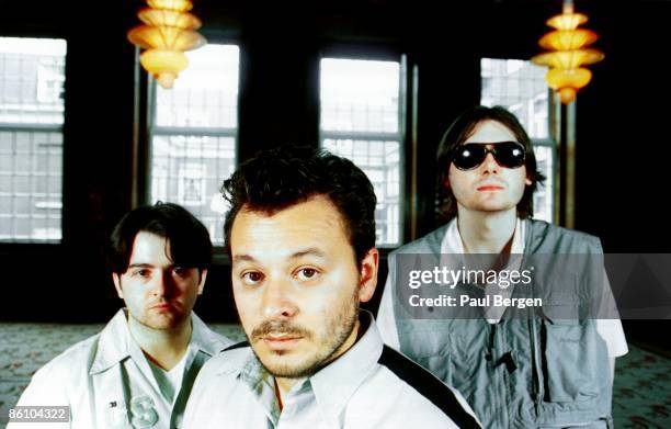 Photo of Nicky WIRE and MANIC STREET PREACHERS and James Dean BRADFIELD and Sean MOORE; L-R: Sean Moore, James Dean Bradfield, Nicky Wire - posed,...