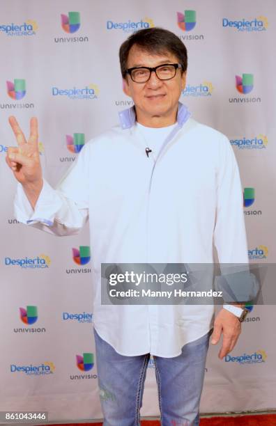 Jackie Chan promotes new movie The Foreigner on Despierta America morning show at Univision Studios on October 12, 2017 in Miami, Florida.