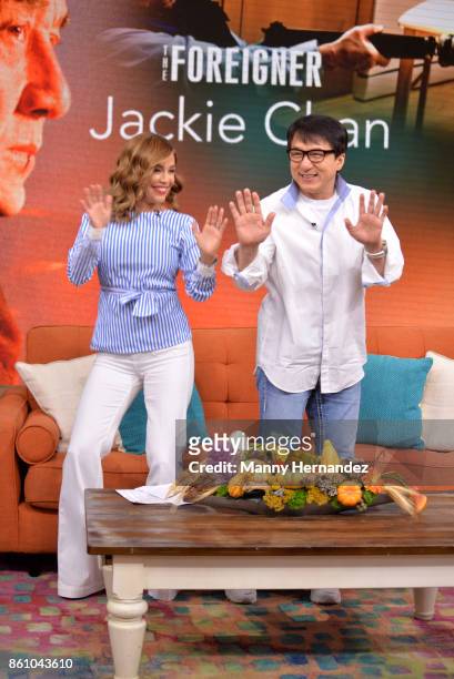 Karla Martinez and Jackie Chan promotes new movie The Foreigner on Despierta America morning show at Univision Studios on October 12, 2017 in Miami,...